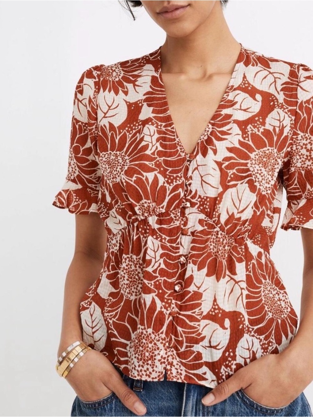 Madewell 100% Silk Sunflower Season Top Size 14 Rust Floral Blouse Boho